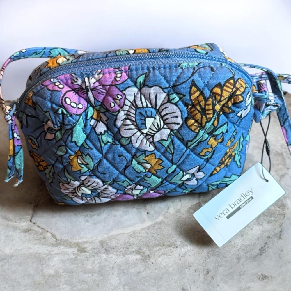 Vera Bradley Blue Quilted Floral Crossbody Pouch with Multicolor Blooms